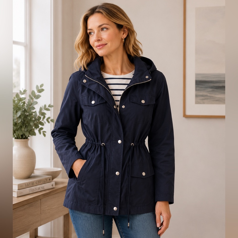 Outer Edge Navy Utility Jacket Hooded Anorak Drawstring Waist - Small